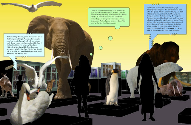 Illustration av utställning med uppstoppade djur.